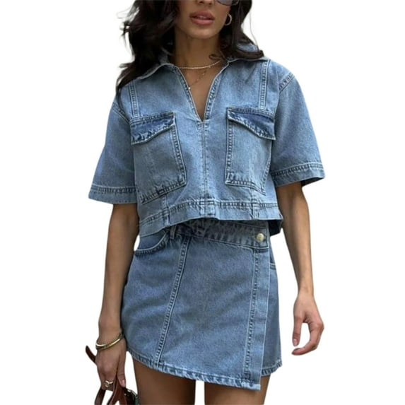 Michellecmm Women’s 2 Piece Denim Outfits Short Sleeve Lapel Jean Tops and Asymmetrical Shorts Set Streetwear