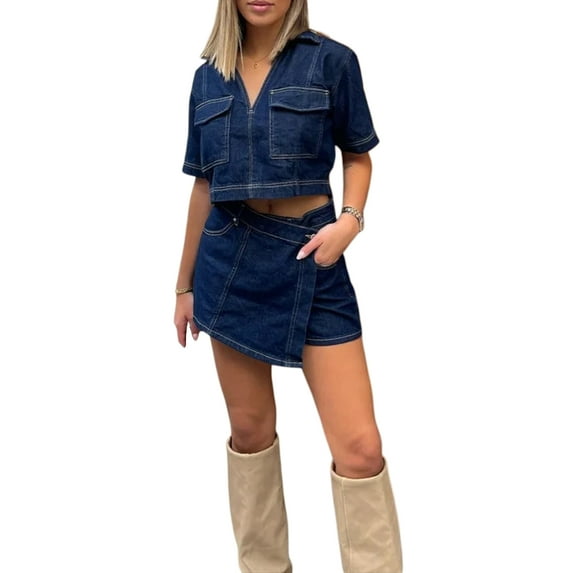 Michellecmm Women’s 2 Piece Denim Outfits Short Sleeve Lapel Jean Tops and Asymmetrical Shorts Set Streetwear