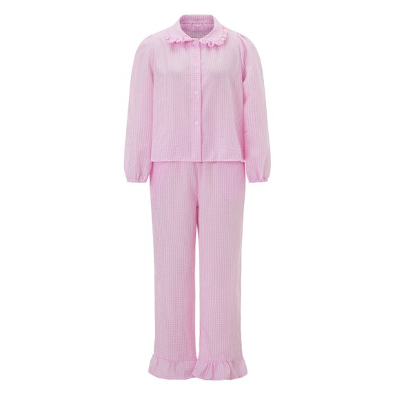 Michellecmm Women's 2 Piece Lounge Set Long Sleeve Doll Collar Plaid Print Tops Pants Sleepwear