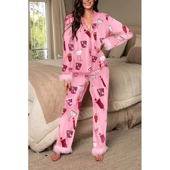 Michellecmm Women's 2 Piece Lounge Set Long Sleeve Lapel Goblet Print Shirt Pants Sleepwear Sets