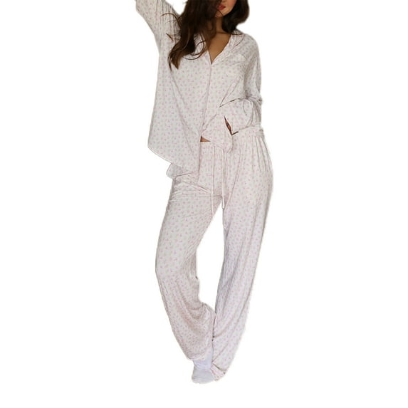 Michellecmm Women's 2 Piece Lounge Set Long Sleeve Plaid/Floral Print Shirt Pants Sleepwear Sets