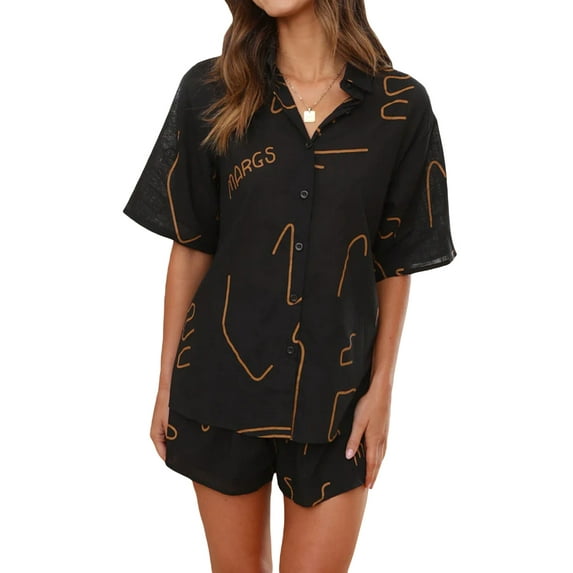 Michellecmm Women’s 2 Piece Outfits Graphic Short Sleeve Button Shirt + Shorts