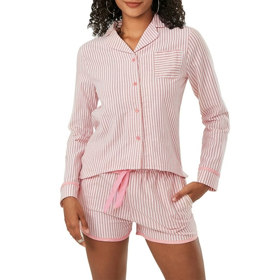 Michellecmm Women's 2 Piece Pajama Set Long Sleeve Button Down Striped Tops Drawstring Shorts Sleepwear Sets