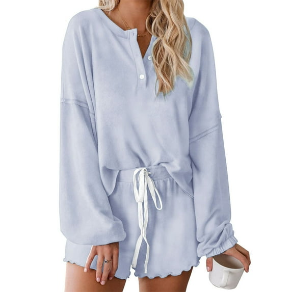 Michellecmm Women's 2 Piece Pajama Set Long Sleeve Button Up Tops Drawstring Shorts Sleepwear Sets