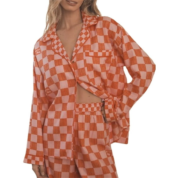 Michellecmm Women’s 2 Piece Pajama Set Long Sleeve Checkered Print Button Up Shirt + Pants Set Sleepwear Loungewear