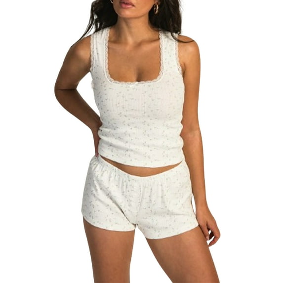 Michellecmm Women's 2 Piece Pajama Set, Square Neck Sleeveless Lace Trim Tank Crop Tops + Elastic Waist Shorts Lounge Outfits for Summer