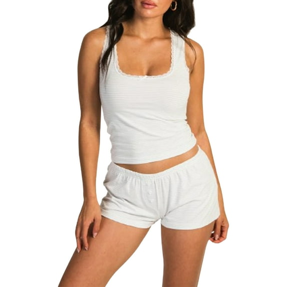Michellecmm Women's 2 Piece Pajama Set, Square Neck Sleeveless Lace Trim Tank Crop Tops + Elastic Waist Shorts Lounge Outfits for Summer