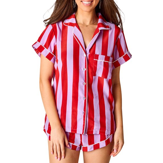 Michellecmm Women’s 2 Piece Pajamas Set Contrast Color Stripes Shirt + Shorts Set