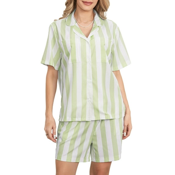 Michellecmm Women’s 2 Piece Pajamas Set Short Sleeve Stripes Print Shirt + Shorts