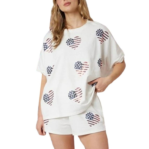Michellecmm Women’s 4th of July Outfits Short Sleeve Heart Print Tops + Shorts Set
