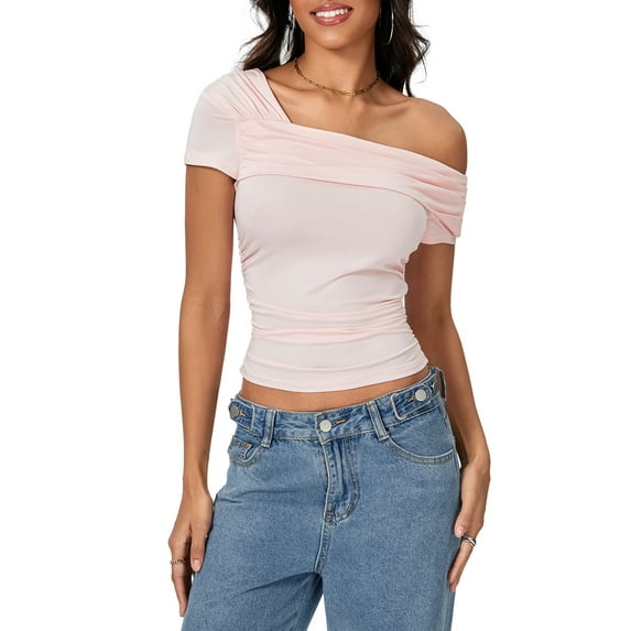 Michellecmm Women's Asymmetric Tops Off Shouler Short Sleeve Ruched T-Shirt