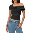 thumbnail image 1 of Michellecmm  Women's Asymmetric Tops Off Shouler Short Sleeve Ruched T-Shirt, 1 of 9