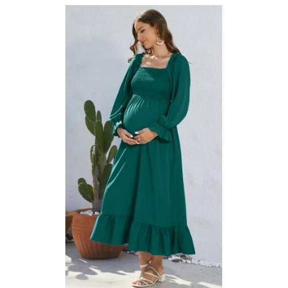Michellecmm Women's Autumn Casual Pregnancy Dress Long Sleeve Square Neck Baby Shower Dress