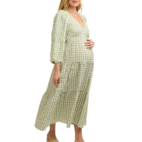 Michellecmm Women's Autumn Casual Pregnancy Dress Long Sleeve V Neck Plaid Baby Shower Dress