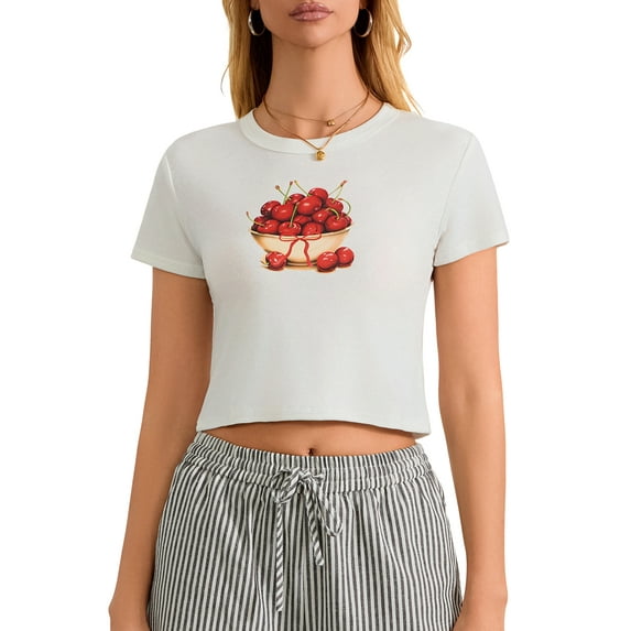 Michellecmm Women's Baby Tee Slim Cherry Print Round Neck Short Sleeve Crop Tops