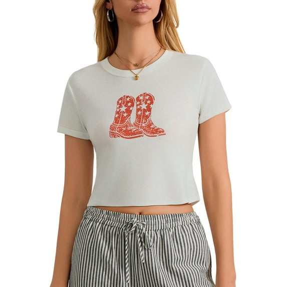 Michellecmm Women's Baby Tee Slim Cherry Print Round Neck Short Sleeve Crop Tops