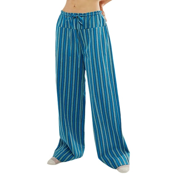 Michellecmm Women's Baggy Pants Drawstring Waist Wide Leg Striped Trousers