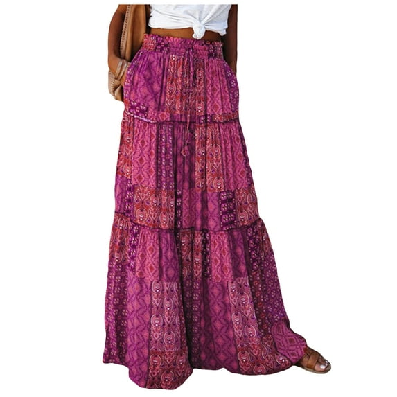 Michellecmm Women's Bohemian Skirts High Waist Tiered Long Skirts with Pockets