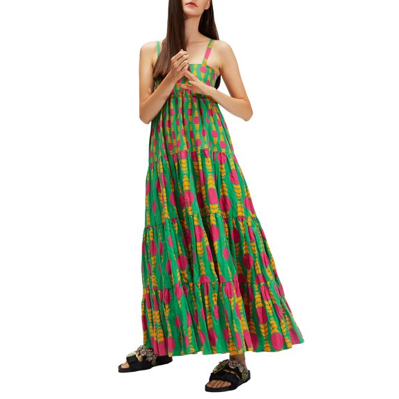 Michellecmm Women’s Boho Long Dress Fashion Print Sleeveless Tiered Beach Dress
