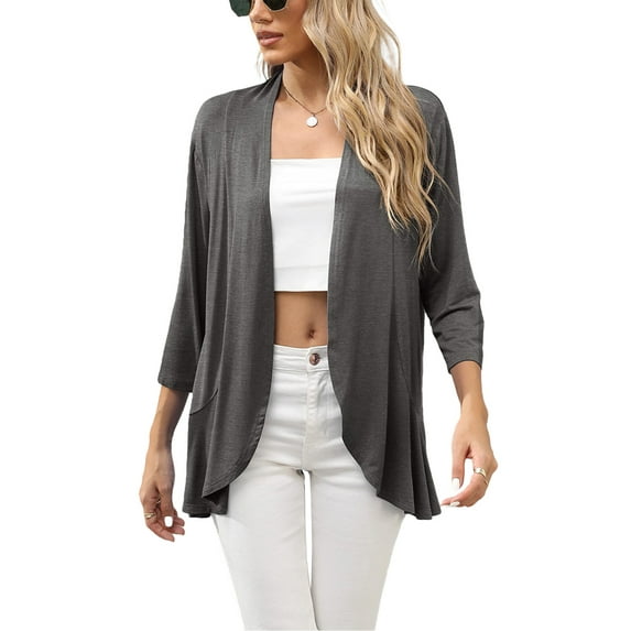 Michellecmm Women's Button-Free Cardigan, 3/4 Sleeve Pure Color Ruffled Hem Tops