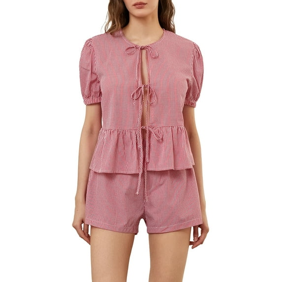 Michellecmm Women’s Casual 2 Piece Outfits Puff Sleeve Tie Knot Front Tops + Shorts Set Loungewear