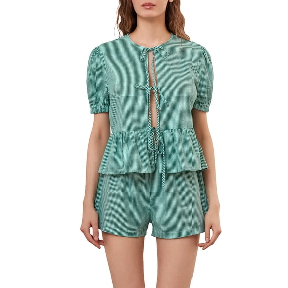 Michellecmm Women’s Casual 2 Piece Outfits Puff Sleeve Tie Knot Front Tops + Shorts Set Loungewear