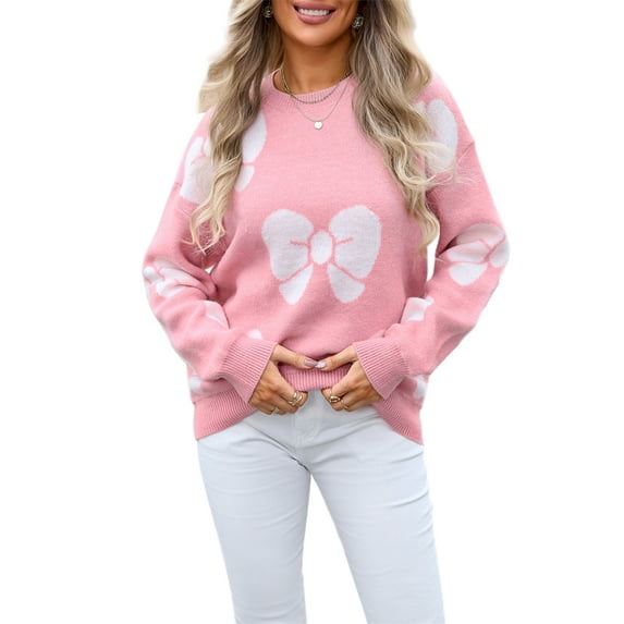 Michellecmm Women's Casual Bow Print Pullover Crewneck Sweaters Loose Fit Fall Winter Long Sleeve Knitted Cute Jumper Tops
