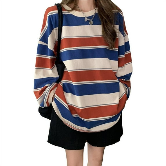 Michellecmm Women’s Casual Long Sleeve T-shirt Fashion Stripe Printing Round Neck Loose Pullover Tops