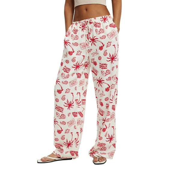 Michellecmm Women's Casual Wide Leg Pants Stripe/Coconut Tree Print Drawstring Waist Loose Trousers