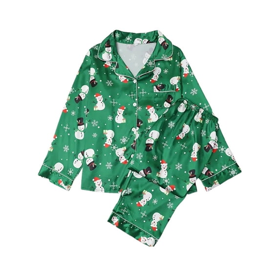 Michellecmm Women's Christmas Pajamas Set Snowman/Santa Print Long Sleeve Lapel Button Tops with Long Pants Satin Loungewear