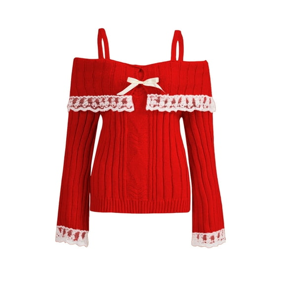 Michellecmm Women's Cold Shoulder Sweaters Long Sleeve Contrast Lace Knit Pullovers Bow Front Jumper Tops