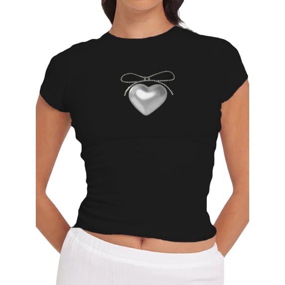 Michellecmm Women's Crew Neck Crop Tops Short Sleeve Bow/Cocktail Glass Print Tees