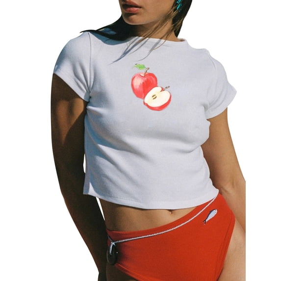 Michellecmm Women's Crew Neck Cropped Tops Cute Graphic Short Sleeve Slim Fit Tees