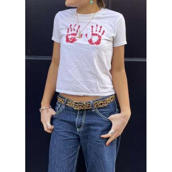 Michellecmm Women's Crop T-Shirt Cocktail Glass/Hand/Lip Print Short Sleeve Tops