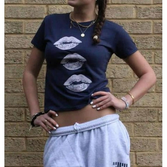 Michellecmm Women's Crop T-Shirt Cocktail Glass/Hand/Lip Print Short Sleeve Tops