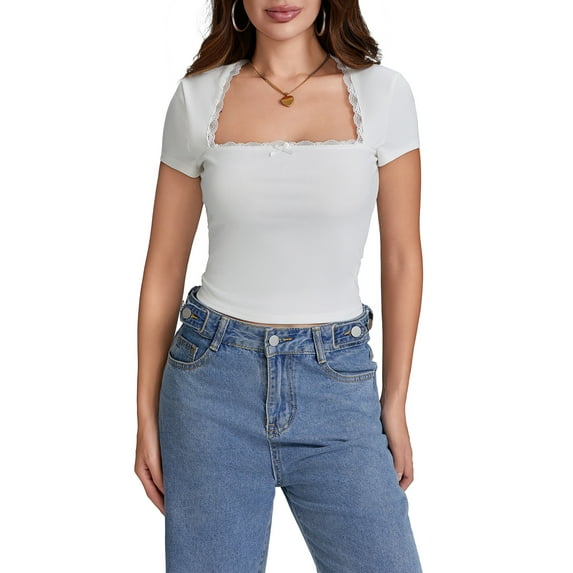 Michellecmm Women's Crop Tee Solid Lace Trim Cap Sleeve Square Neck Tops