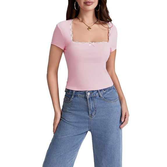 Michellecmm Women's Crop Tee Solid Lace Trim Cap Sleeve Square Neck Tops