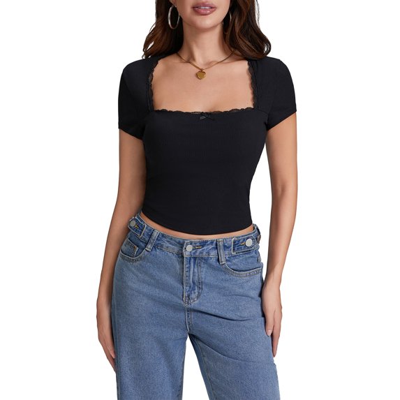 Michellecmm Women's Crop Tee Solid Lace Trim Cap Sleeve Square Neck Tops