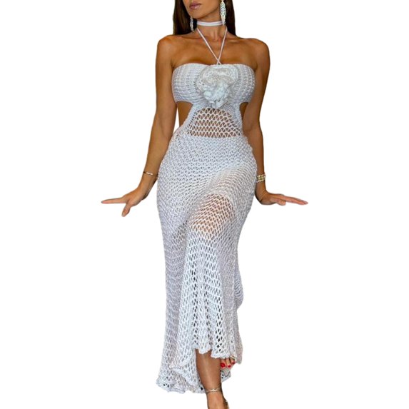 Michellecmm Women's Cutout See Through Sleeveless Flower Long Knitted Halter Dress