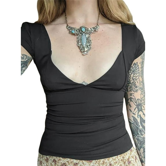 Michellecmm Women's Deep V Neck Tops, Short Sleeve Low Cut Slim Fit T-Shirts