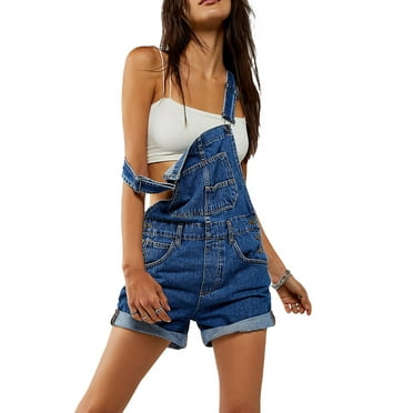 Michellecmm Women's Denim Classic Adjustable Straps Cuffed Hem Bib Overalls Casual Rolled Shortalls S-2XL