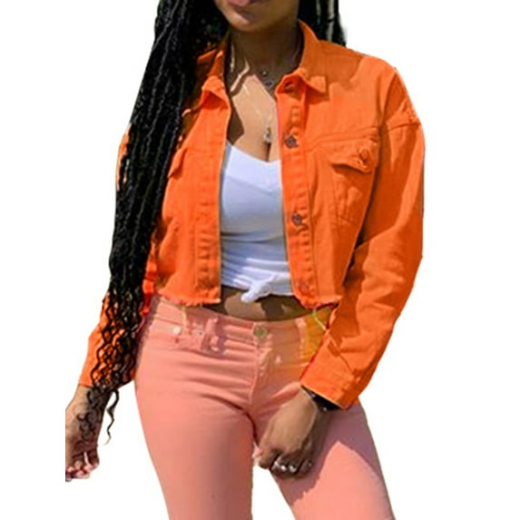 Michellecmm Women's Denim Short Coat, Long Sleeve Distressed Crop Jeans Coat