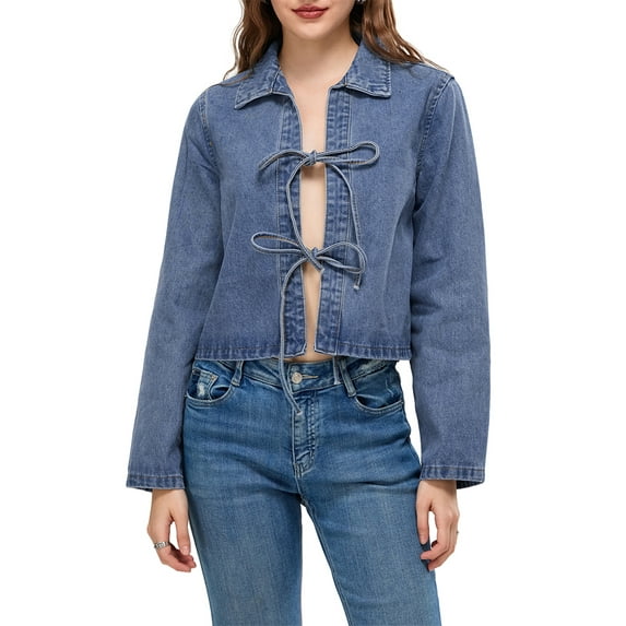 Michellecmm Women's Denim Tie Front Jacket Solid Color Lapel Neck Long Sleeve Casual Crop Coat