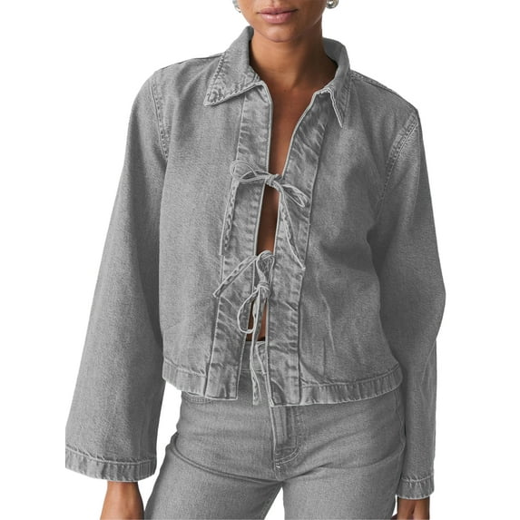 Michellecmm Women's Denim Tie Front Jacket Solid Color Lapel Neck Long Sleeve Casual Crop Coat