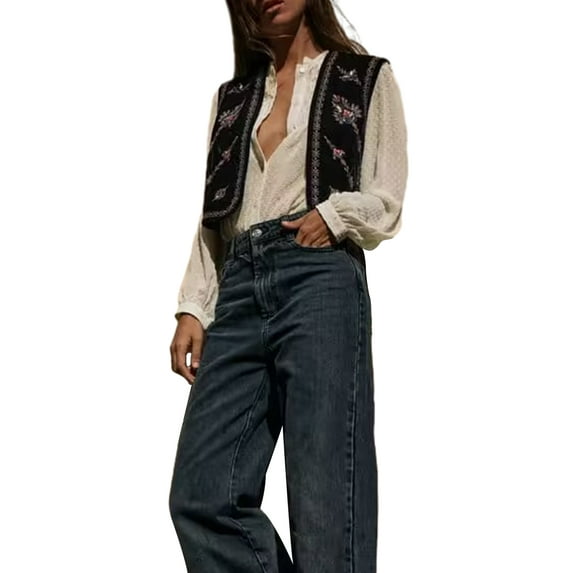 Michellecmm Women’s Embroidered Vest Tops Classic Sleeveless Open Front Cardigan Velvet Vest Fall Outwear