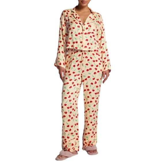 Michellecmm Women's Fall Loungewear Set Cherry Print Long Sleeve Lapel Button Down Tops with Drawstring Long Pants Sleepwear