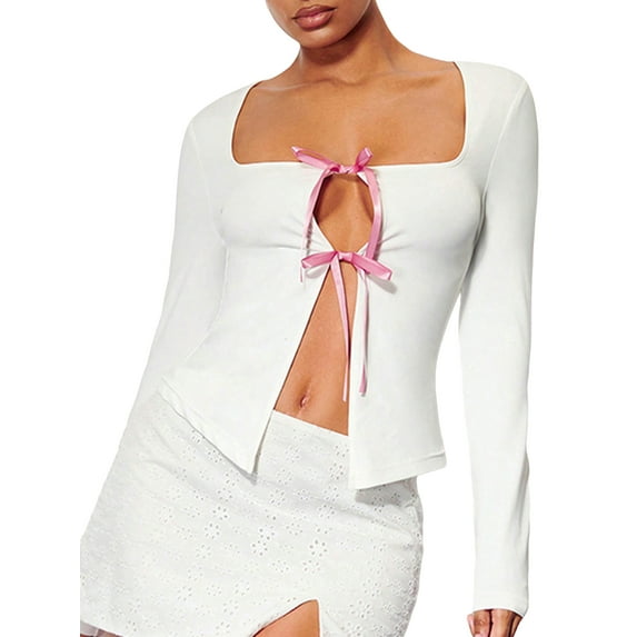 Michellecmm Women's Fitted Tops Long Sleeve Bow Tie Up Open Front T-shirt