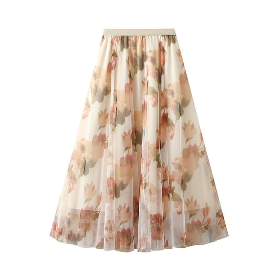 Michellecmm Women's Floral Print Midi Skirts Elegant High Waist Loose Tulle Skirts Vintage Summer Skirts