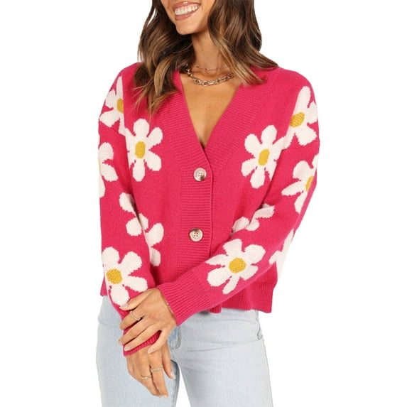 Michellecmm Women's Flower Cardigan Loose Deep V Neck Long Sleeve Button Down Sweater Casual Streetwear