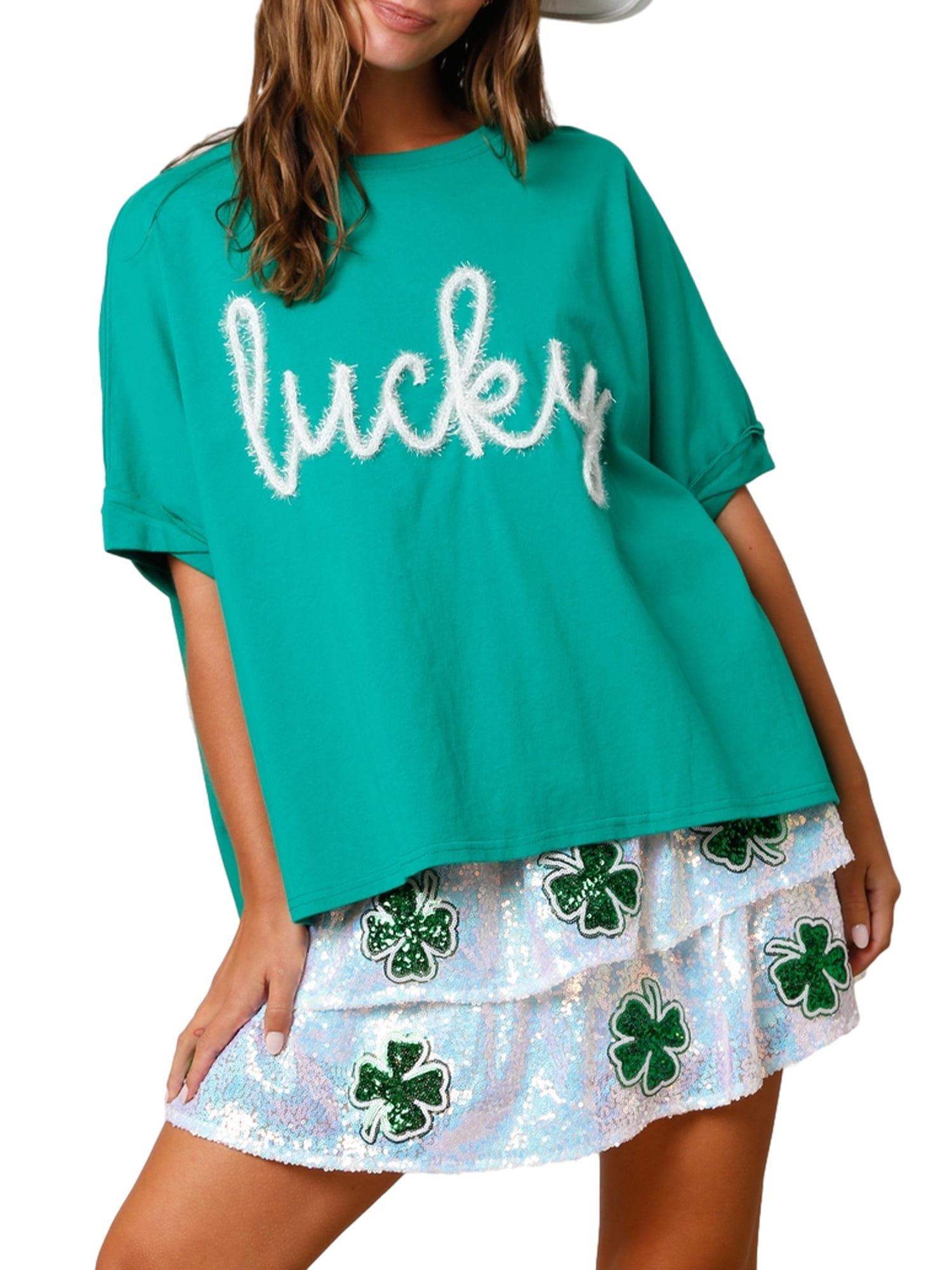 Michellecmm Women's Irish Tops Fashion Letter Patchwork Print Short